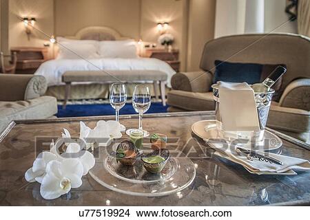 Place setting in luxury hotel room View Large Photo Image Picture - Place setting in luxury hotel room. Fotosearch