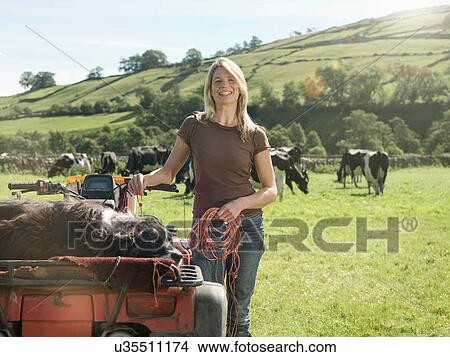 Portrait of female farmer in field with cows View Large Photo Image Picture - Portrait of female farmer in field with cows. Fotosearch