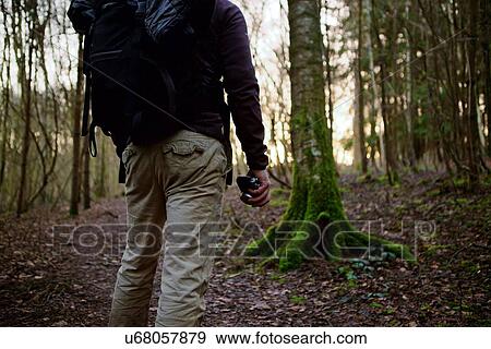 Rear view cropped shot of male hiker walking in woods View Large Photo Image Stock Photo - Rear view cropped shot of male hiker walking in woods. Fotosearch