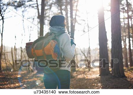 Rear view of mature woman hiking in forest View Large Photo Image Stock Image - Rear view of mature woman hiking in forest. Fotosearch