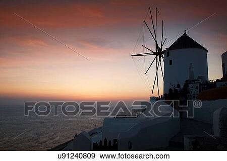 "Silhouetted view of windmill and sea, Oia, Santorini, Cyclades, Greece" View Large Photo Image Stock Photo - "Silhouetted view of windmill and sea, Oia, Santorini, Cyclades, Greece". Fotosearch