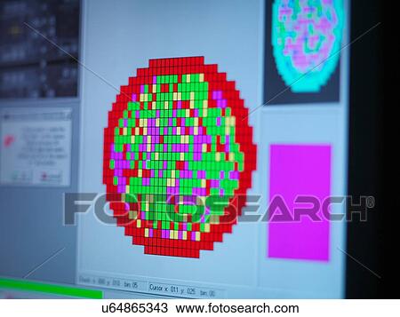 Stock Image - "Silicon wafer map on screen in clean room laboratory, close up". Fotosearch