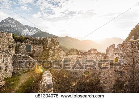 Stock Photo - "View of Ehrenberg castle ruins and mountains, Reutte, Tyrol, Austria". Fotosearch