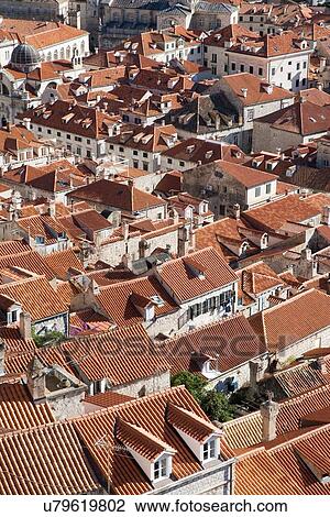 Stock Image - "View of Old Town rooftops, Dubrovnik, Croatia". Fotosearch