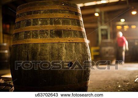 Stock Image - Whisky cask in cooperage. Fotosearch