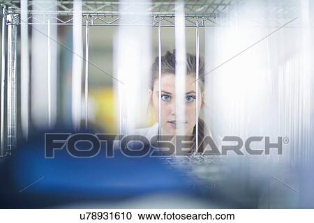 Woman behind shelves of jeans in laundry View Large Photo Image Stock Image - Woman behind shelves of jeans in laundry. Fotosearch