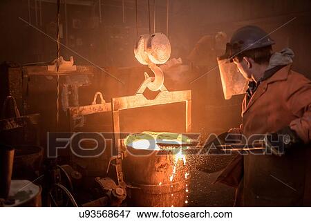 Worker raking molten steel in foundry workshop View Large Photo Image Stock Photo - Worker raking molten steel in foundry workshop. Fotosearch