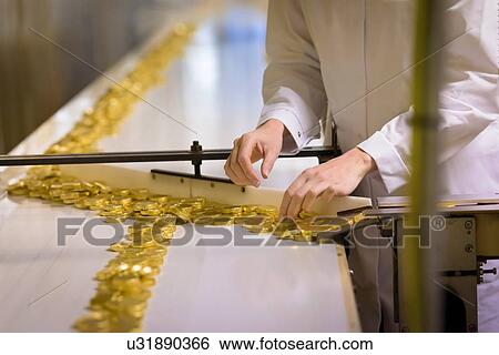Worker wrapping chocolates on production line in chocolate factory View Large Photo Image Stock Photograph - Worker wrapping chocolates on production line in chocolate factory. Fotosearch