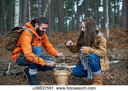 Young hiking couple collecting pine cones in forest View Large Photo Image Stock Image - Young hiking couple collecting pine cones in forest. Fotosearch