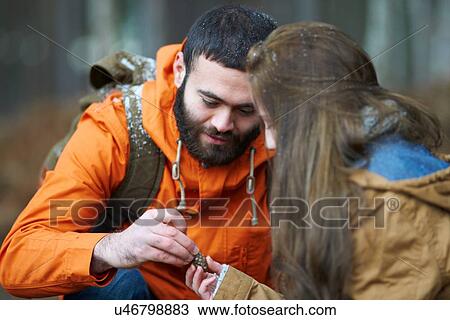 Young hiking couple picking pine cones in forest View Large Photo Image Stock Image - Young hiking couple picking pine cones in forest. Fotosearch