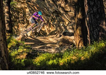 Stock Photograph - Young male mountain biker jumping over rock formation in forest. Fotosearch