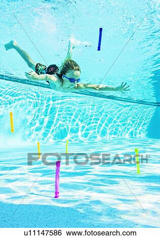 Stock Photograph - Boy (8-9) swimming in pool. Fotosearch