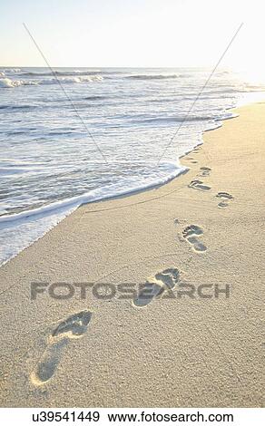 Stock Photo - Footprints on beach by sea. Fotosearch