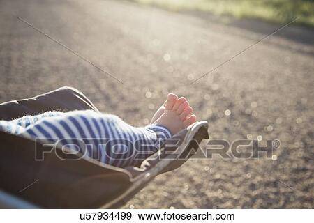Stock Photo - Low-section of baby girl (6-11 months) in stroller. Fotosearch