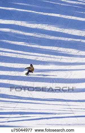 Man snowboarding across shadows View Large Photo Image Stock Photo - Man snowboarding across shadows. Fotosearch