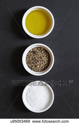 "Olive oil, pepper and salt in ramekins" View Large Photo Image Stock Photo - "Olive oil, pepper and salt in ramekins". Fotosearch