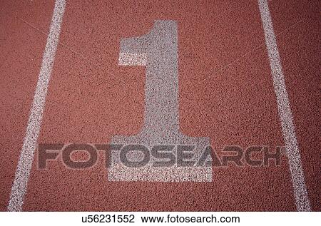 Stock Image - "Red running truck, grey white number". Fotosearch