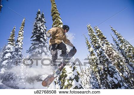 Stock Photo - Snowboarder in mid-air against snowy trees. Fotosearch