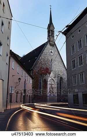 "St. Blaise's Church, Light trails on old town street" View Large Photo Image Stock Image - "St. Blaise's Church, Light trails on old town street". Fotosearch