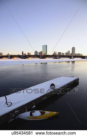 Stock Image - View across partially frozen Charles river to Longfellow Bridge and Boston. Fotosearch