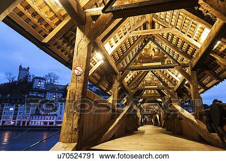 View along illuminated Spreuer Bridge View Large Photo Image Stock Image - View along illuminated Spreuer Bridge. Fotosearch