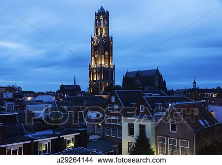 Picture - View of illuminated tower in city. Fotosearch
