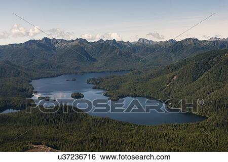 Stock Photograph - "Aerial view of a lake, Skeena-Queen Charlotte Regional District, Haida Gwaii, Graham Island, British Columbia, Canada". Fotosearch