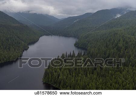 Stock Image - "Aerial view of Mercer Lake, Skeena-Queen Charlotte Regional District, Haida Gwaii, Graham Island, British Columbia, Canada". Fotosearch
