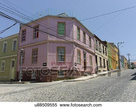 Stock Photography - "Buildings along a cobblestone street, Valparaiso, Chile". Fotosearch
