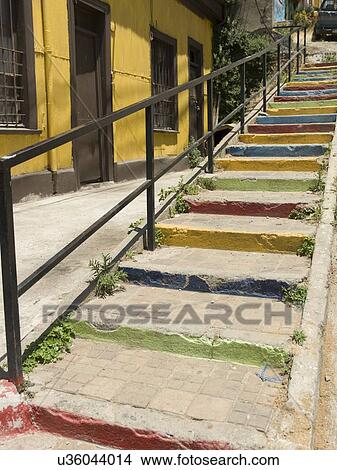 Picture - "Colorful painted steps along house, Valparaiso, Chile". Fotosearch