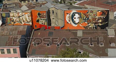 "Elevated view of buildings with painted mural, Valparaiso, Chile" View Large Photo Image Picture - "Elevated view of buildings with painted mural, Valparaiso, Chile". Fotosearch