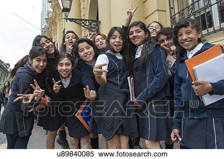 Stock Photography - "Group portrait of schoolgirls smiling, Santiago, Santiago Metropolitan Region, Chile". Fotosearch