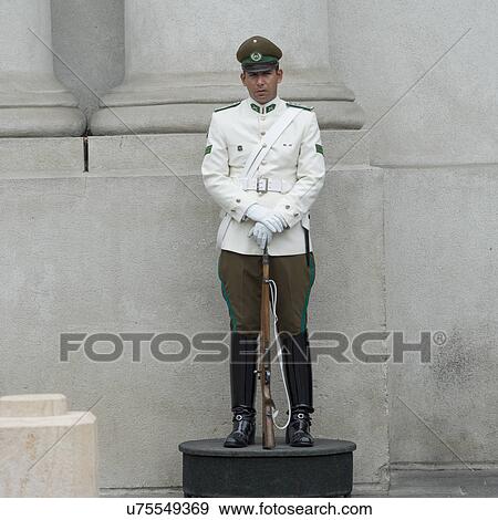 Stock Photo - "Guard in front of the Palacio de la Moneda, Santiago, Santiago Metropolitan Region, Chile". Fotosearch