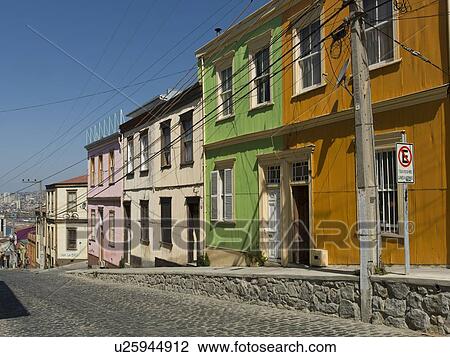 "Houses along a cobblestone street, Valparaiso, Chile" View Large Photo Image Stock Image - "Houses along a cobblestone street, Valparaiso, Chile". Fotosearch