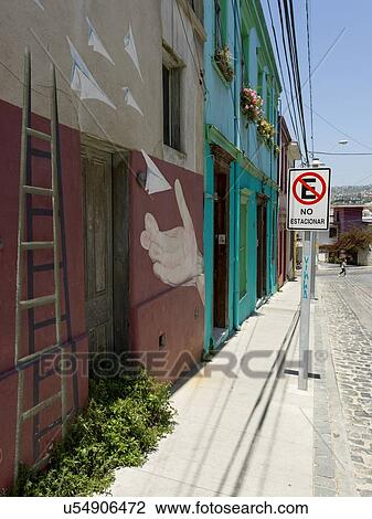 Stock Image - "Houses along a street, Valparaiso, Chile". Fotosearch