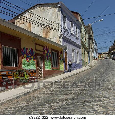 Stock Image - "Houses along a street, Valparaiso, Chile". Fotosearch