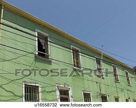 Stock Image - "Low angle view of building exterior, Valparaiso, Chile". Fotosearch