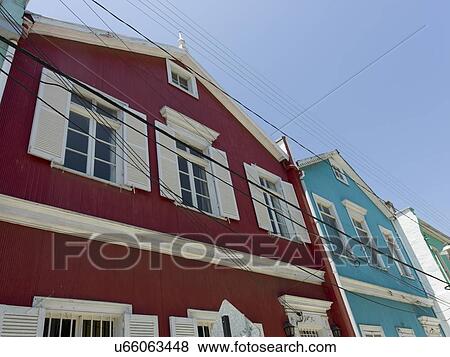 Stock Photo - "Low angle view of colorful houses, Valparaiso, Chile". Fotosearch