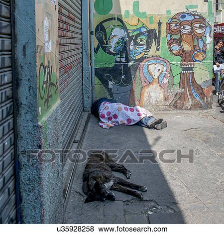"Man and a dog sleeping on street, Santiago, Santiago Metropolitan Region, Chile" View Large Photo Image Stock Photo - "Man and a dog sleeping on street, Santiago, Santiago Metropolitan Region, Chile". Fotosearch