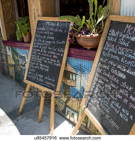 "Menu blackboards in a restaurant, Valparaiso, Chile" View Large Photo Image Stock Photograph - "Menu blackboards in a restaurant, Valparaiso, Chile". Fotosearch