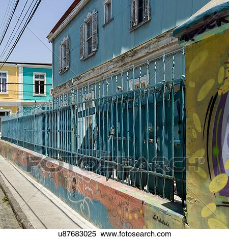 Stock Photography - "Metal Fence along building, Valparaiso, Chile". Fotosearch