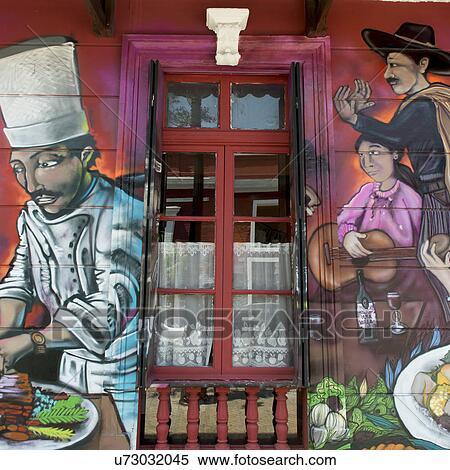 Stock Photography - "Murals on wall of a restaurant, Calle Antonia Lopez de Bello, Santiago, Santiago Metropolitan Region, Chile". Fotosearch