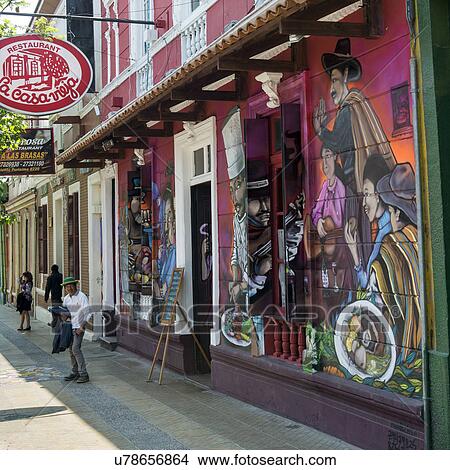 Picture - "Murals on wall of a restaurant, Santiago, Santiago Metropolitan Region, Chile". Fotosearch