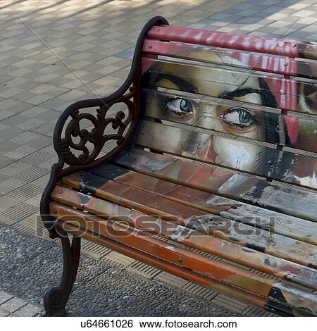 "Painting on bench, Calle Antonia Lopez de Bello, Santiago, Santiago Metropolitan Region, Chile" View Large Photo Image Stock Photograph - "Painting on bench, Calle Antonia Lopez de Bello, Santiago, Santiago Metropolitan Region, Chile". Fotosearch