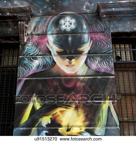 Stock Image - "Painting on building, Calle Antonia Lopez de Bello, Santiago, Santiago Metropolitan Region, Chile". Fotosearch