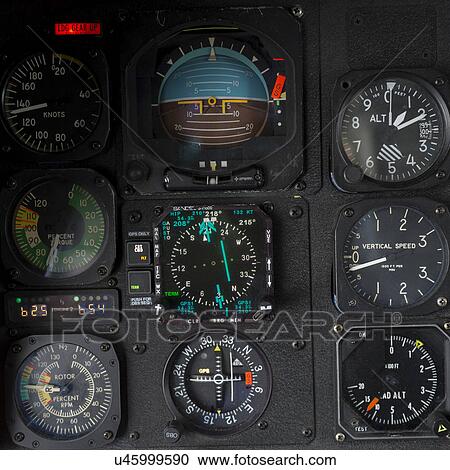 Stock Image - "Sikorsky helicopter cockpit instrument panel, Skeena-Queen Charlotte Regional District, Haida Gwaii, Graham Island, British Columbia, Canada". Fotosearch