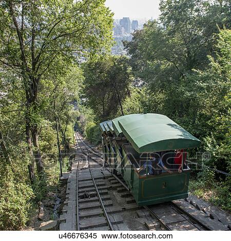 Stock Photography - "Tram moving on the San Cristobal Hill, Santiago, Santiago Metropolitan Region, Chile". Fotosearch