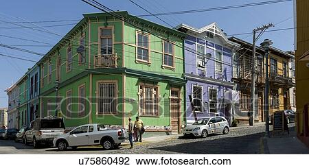 "View of a street with cars and colorful buildings, Valparaiso, Chile" View Large Photo Image Stock Image - "View of a street with cars and colorful buildings, Valparaiso, Chile". Fotosearch
