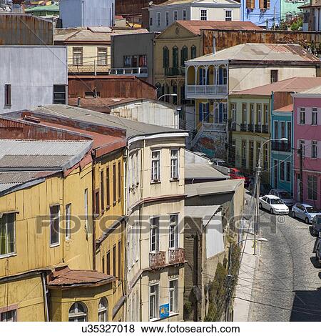 Stock Photo - "View of buildings along street, Valparaiso, Chile". Fotosearch