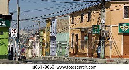 Stock Photograph - "View of street with houses, Valparaiso, Chile". Fotosearch